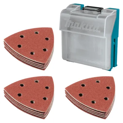 Image de Kit de papier abrasif Makita Delta, 30 pièces : 10 feuilles de 10x60 mm, 10 feuilles de 10x100 mm, 10 feuilles de 10x150 mm + boîte