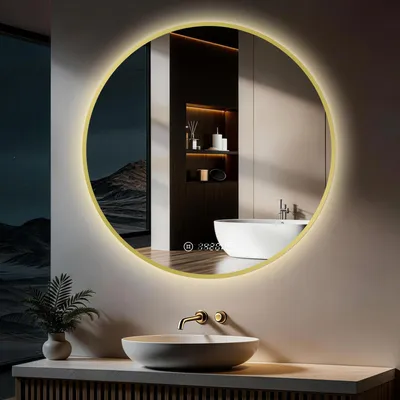 Image de S'AFIELINA miroir salle de bain LED 80 cm rond, tactile, anti-buée, variateur, horloge, température, mémoire, bordure dorée.