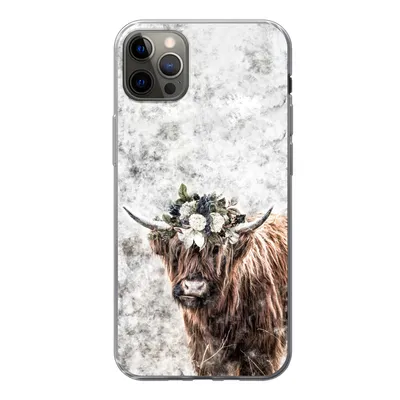 Produktbild von MuchoWow® Handyhülle Schutzhülle Hülle für iPhone 13 Pro Max Schottischer Highlander - Marmor - Blumen Silikon Softcase Handy Hülle - Mobiltelefon