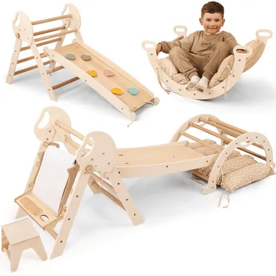 Immagine prodotto di Struttura da arrampicata 5 in 1 da interno in legno con scivolo – Triangolo da arrampicata Montessori per bambini a partire da 1 anno, parco giochi da interno, set da arrampicata per neonati e set artistico