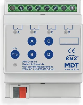 Image de Actionneur de commutation MDT quadruple, 4TE, REG, 16/20 A, 230 V CA, charge C avec mesure du courant, 1 pièce.