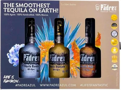 Produktbild von Padre azul Tequila Trio Tasting & Geschenkset - mexikanischer Super Tequila Silver/Reposado/Anejo 40% vol. 3x50 ml (1 x 150 ml)
