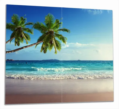 Produktbild von Wallario Herdabdeckplatte aus Glas, Größe 60 x 52 cm 2-teilig, Motiv Sandstrand auf den Seychellen - Urlaub unter Palmen