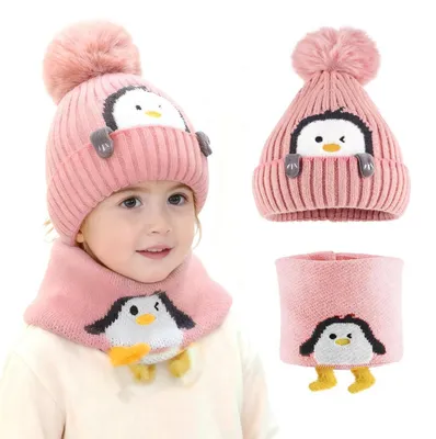 Produktbild von Wintermütze & Schal Set Mädchen Mit Bommel Warm Gefüttert 1-3 Jahre