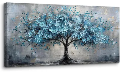 Productafbeelding van Canvas schilderij, blauwe bloemen, boom, 50x100 cm, wanddecoratie, kunstafdruk, modern
