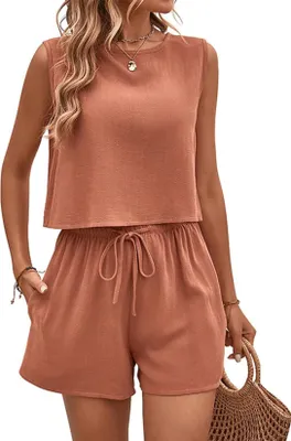 Produktbild von ASKSA Damen Zweiteiler Leinen Sport Sommer Jogginganzug Set Sportbekleidung Mit Taschen aermellos, Orange, Groesse: L