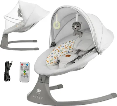 A baby bouncer and its accessories are displayed against a white background.