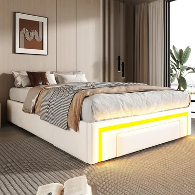 Produktbild von Bettgestell 90X200 mit Schubladen, Kunstleder Bett ohne Kopfteil Mit LED-Lichtleiste, MetalllattenPlattformbett für moderne Schlafzimmer Weiß