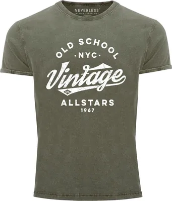 Produktbild von Herren Vintage Shirt Retro Schriftzug Allstars Old School NYC Design Printshirt Used Look Slim Fit Neverless® oliv M