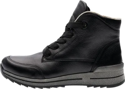 A side view of a black leather boot with a gray sole.