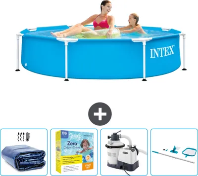 Produktbild von Intex-Schwimmbecken mit rundem Rahmen – 244 x 51 cm – Blau – im Lieferumfang enthalten Sonnensegel - Wartungspaket - Filterpumpe für Schwimmbad - Reinigungskit