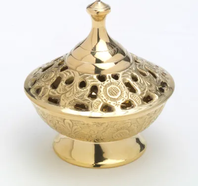 Produktbild von Räucherschale, Weihrauchschalen Messing Gold mit Kohlensieb (H 11 cm, Ø 9 cm) für Räucherkohle