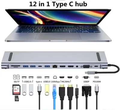 Produktbild von 12-in-1 Typ C Dock USB C Hub 3.0 Splitter Multiport Adapter 4K RJ45 SD/TF VGA HDMI