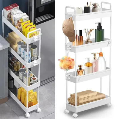 Immagine prodotto di Carrello portaoggetti – Carrello sottile con 4 ripiani – Ruote girevoli a 360° – Plastica – Scaffale pieghevole – Versatile, adatto per cucina, bagno e lavanderia – Bianco