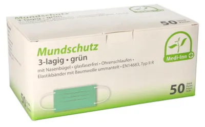 Produktbild von "Medi-Inn®" Mundschutz Type IIR 3-lagig 9 cm x 17,5 cm grün mit Nasenbügel und Elastikbänder
