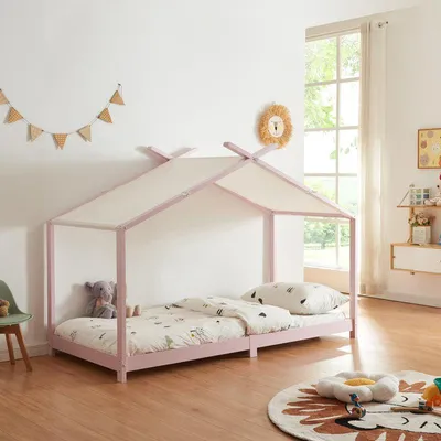 Immagine prodotto di Letto a forma di casetta per bambini – 90 x 200 cm – Realizzato in legno massello di pino – Tetto in tessuto rosa, rimovibile