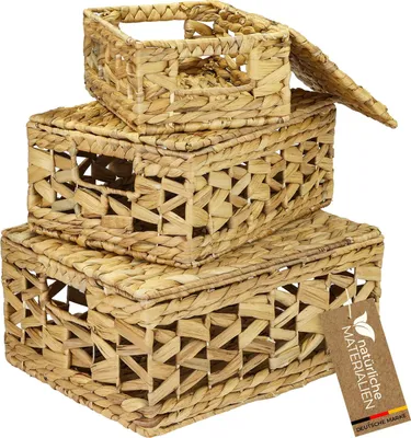 Produktbild von HMF Aufbewahrungskorb mit Deckel, 3er-Set, Korb geflochten aus Wasserhyazinthe, Klein, Mittel, Groß