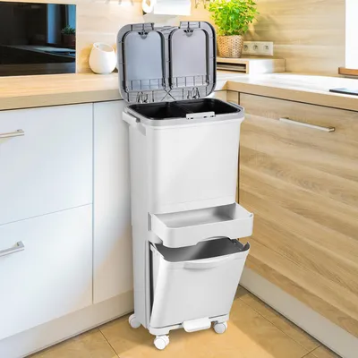 Produktbild von ISOISL 42 L Küchen-Mülltrennsystem, 3-stufig, Weiß, mit 3 Abfallfächern, 2 herausnehmbaren Inneneimern, Fußpedal, Druckdeckeln, Schublade und feststellbaren Rollen