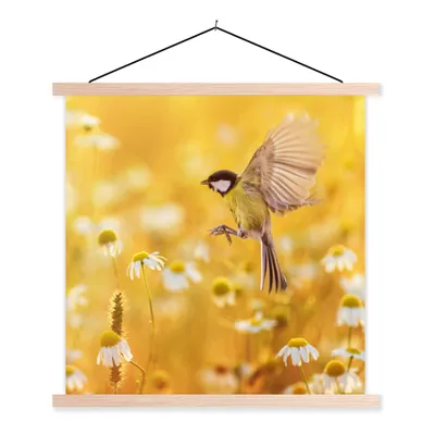 Produktbild von MuchoWow® Textilposter Vogel - Kohlmeise - Blumen - Gänseblümchen 40x40 cm mit holzfarbenen Rahmen - Posterleiste
