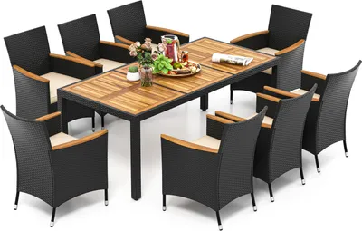 Produktbild von COSTWAY 9 tlg. Gartenmöbel Set Polyrattan, Essset für 8 Personen, Gartentisch Holz mit Schirmloch, Gartengarnitur Essgruppe Sitzgruppe Braun