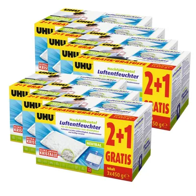 Multiple boxes of UHU Luftentfeuchter (air dehumidifier) refill bags stacked together.