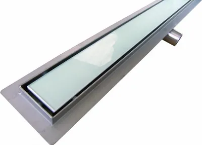 Produktbild von Edelstahl-Duschrinne GL02 für Duschkabine - Ablaufblende Glas weiß - Länge wählbar, Länge Duschrinne:900mm