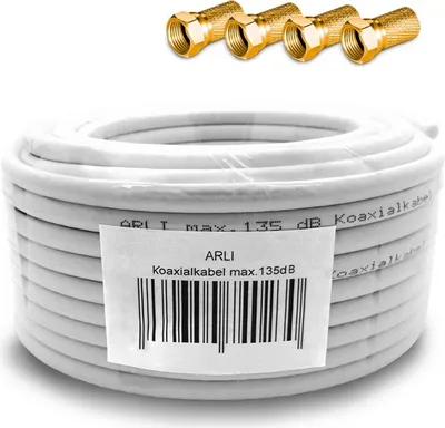 Produktbild von 20m ARLI Koaxialkabel max. 135dB + 4x F-Stecker vergoldet mit breiter Mutter und Dichtring