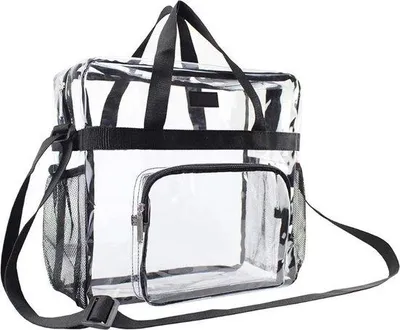 Obrázek produktu pro Unyqoos® Transparentní PVC taška/vak, vhodná pro stadiony, rozměry 30,5 x 30,5 x 15 cm, voděodolná, se zipem, 2 síťované boční kapsy, průhledná