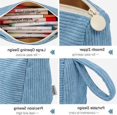 Produktbild von Große Corduroy Etui für Stifte und Füller, Organisator für Schule und Büro, Blau, geeignet für Mädchen und Jugendliche