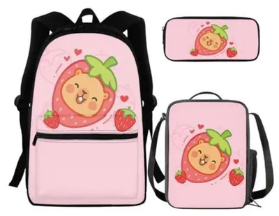 Immagine prodotto di Set di 3 articoli per la scuola, composto da zaino, astuccio e contenitore per il pranzo, con motivo capibara, ideale per bambini