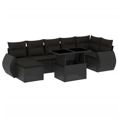 Produktbild von 8-tlg. Garten-Lounge-Set, Modulares Sofa mit verstellbarem Tisch, PE-Rattan Schwarz, UV-beständig, inkl. Kissen mit waschbaren Bezügen