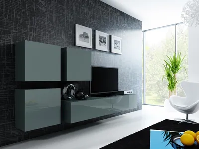 Obrázek produktu pro Nábytek24 Nástěnná skříňka VIGO 23, Designová multimediální stěna, moderní nástěnná skříňka se 3 dvířky a 2 výklopnými dvířky, nástěnná skříňka Tv lowboard šedá / šedá vysoký lesk