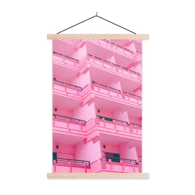 Produktbild von MuchoWow® Textilposter Balkon - Sommer - Rosa - Architektur 60x90 cm mit holzfarbenen Rahmen - Textil