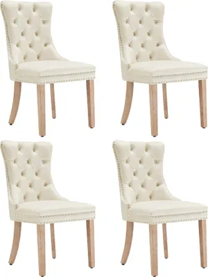 Productafbeelding van AIORBER Eetkamerstoel, set van 4, massief houten frame, zacht en comfortabel, met knoopdetails in vilt, geschikt voor de eetkamer, 50 x 46 x 91 cm, beige