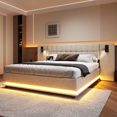 Image de Sweiko lit rembourré, 180x200cm, avec barre de LED, tête de lit avec spot, avec USB, sans matelas, lin, beige