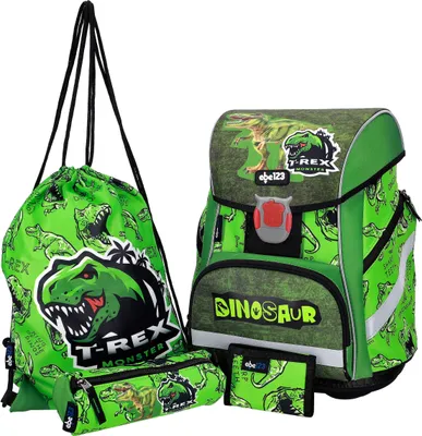 Produktbild von SCOOLSTAR Dino Dinosaurier Schulranzen Junge 1 Klasse Tornister | LED Licht | SET 4 tlg. für Grundschule | inkl. Federmäppchen Turnbeutel Stifteetui