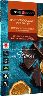 CZEKOLADA GORZKA Z POMARAŃCZĄ ZE STEWIĄ BEZ DODATKU CUKRÓW BEZGLUTENOWA 125 g - PURE&GOOD