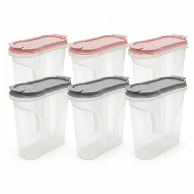 Six clear plastic storage containers with lids, three with pink lids and three with gray lids, arranged in two rows.