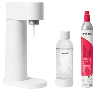 Produktbild von Mysoda Woody Wassersprudler aus Holzkomposit mit Flasche und CO2 Zylinder