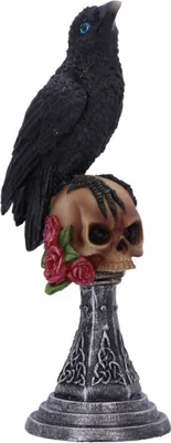 Produktbild von „Perched Prophecy“ Schwarze Mini-Rabenfigur mit Totenkopf 17cm