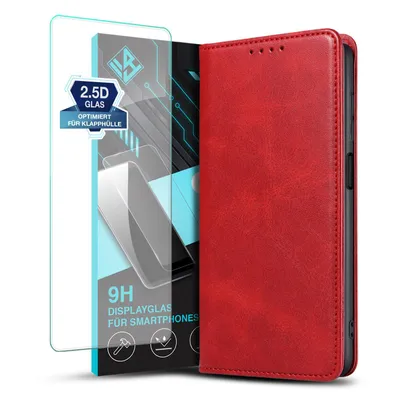 Produktbild von Handyhülle für Samsung Galaxy A25 5G mit 9H Displayglas Kunstleder Flip Cover Hülle Handytasche Case Kartenfach Farbe: Rot
