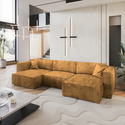 Produktbild von Masseno Ecksofa SARMO P mit Schlaffunktion U-Form, Sofa mit Bettkasten, Wohnzimmersofa, Couch, Soffa, Bettsofa, Couchgarnitur- Gelb, POSO 01