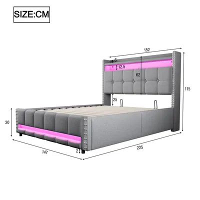 Immagine prodotto di Letto imbottito Abrihome 140x200cm matrimoniale con LED e presa USB, letto a molle idrauliche con rete a doghe e contenitore, grigio