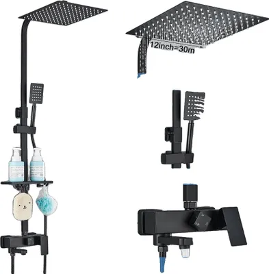 A collage of images showing different parts of a black shower faucet set.