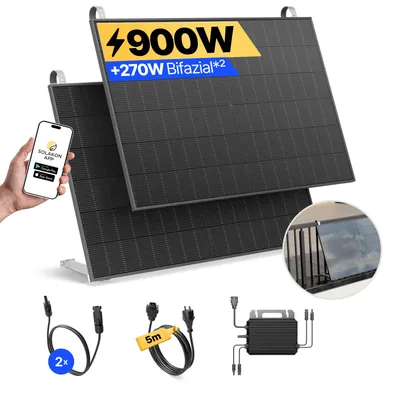 Produktbild von Balkonkraftwerk 900W Solaranlage mit Balkon Halterung Steckerfertig Komplettset Photovoltaik Anlage 800W, Kabellänge: 5m, Solakon - onLite