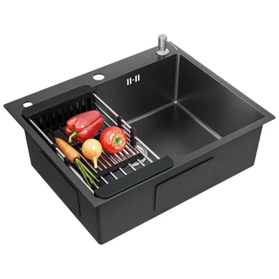Produktbild von CECIPA MAX Edelstahl Spüle Schwarz 60x49CM - Spülbecken mit Hahnloch - Spüle mit Seifenspender - Verstellbare Abtropffläche