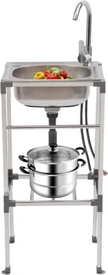 Imagen del producto de Fregadero independiente de acero inoxidable, de 42 x 37 x 83 cm, con grifo y desagüe, ideal para la cocina y espacios exteriores