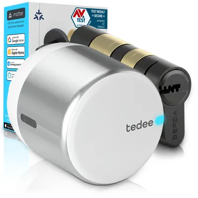 Obrázek produktu pro Tedee GO2 Alu s cylindrem EXXO Smart – Chytrý elektronický zámek, bezpečnostní třída 6, Auto Unlock, Bluetooth, instalace bez vrtání, Matter, Apple HomeKit
