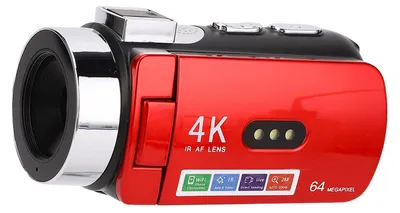 A red camcorder with silver accents is shown from a diagonal angle.