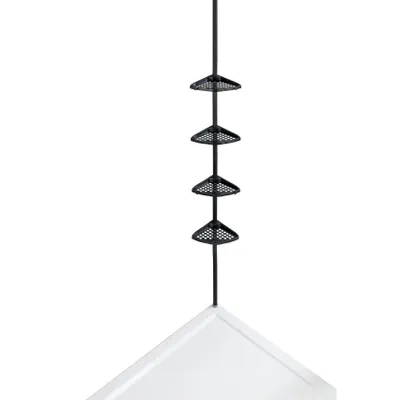 A black telescopic shelf unit with four triangular shelves is suspended against a white background, with the top of a white surface visible at the bottom.